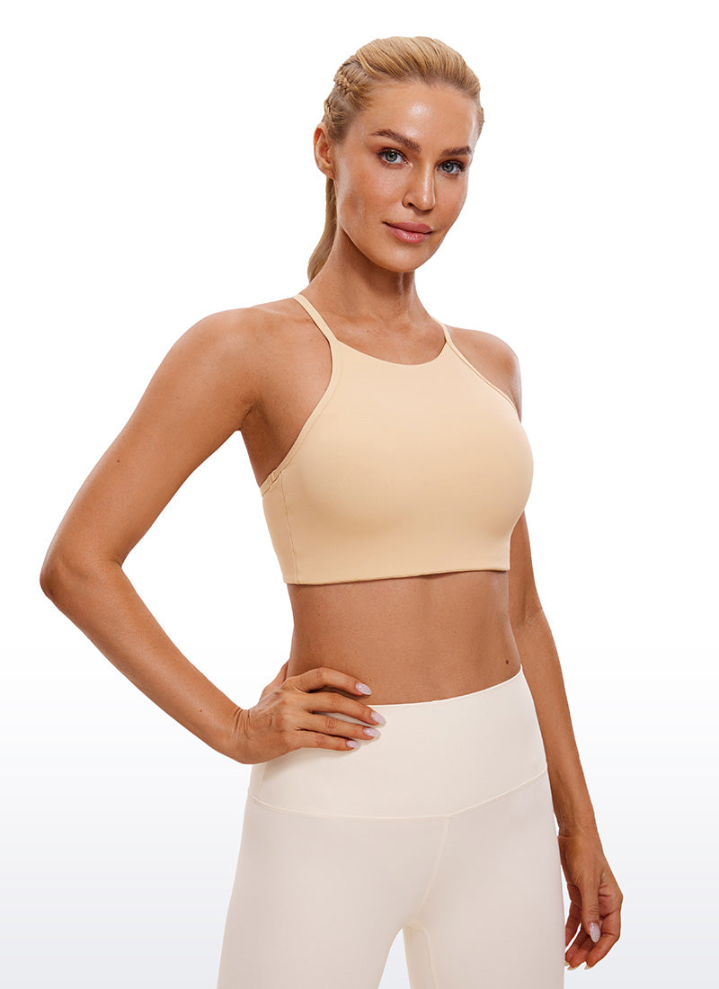 CRZ YOGA Butterluxe Womens High Neck Y Racerback Sports Bra Thin Strap Tan Milkshake