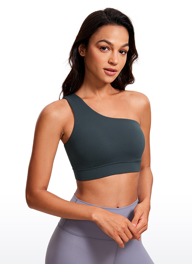 CRZ YOGA Butterluxe Womens One Shoulder Sports Bra Asymmetrical Padded Dark Green