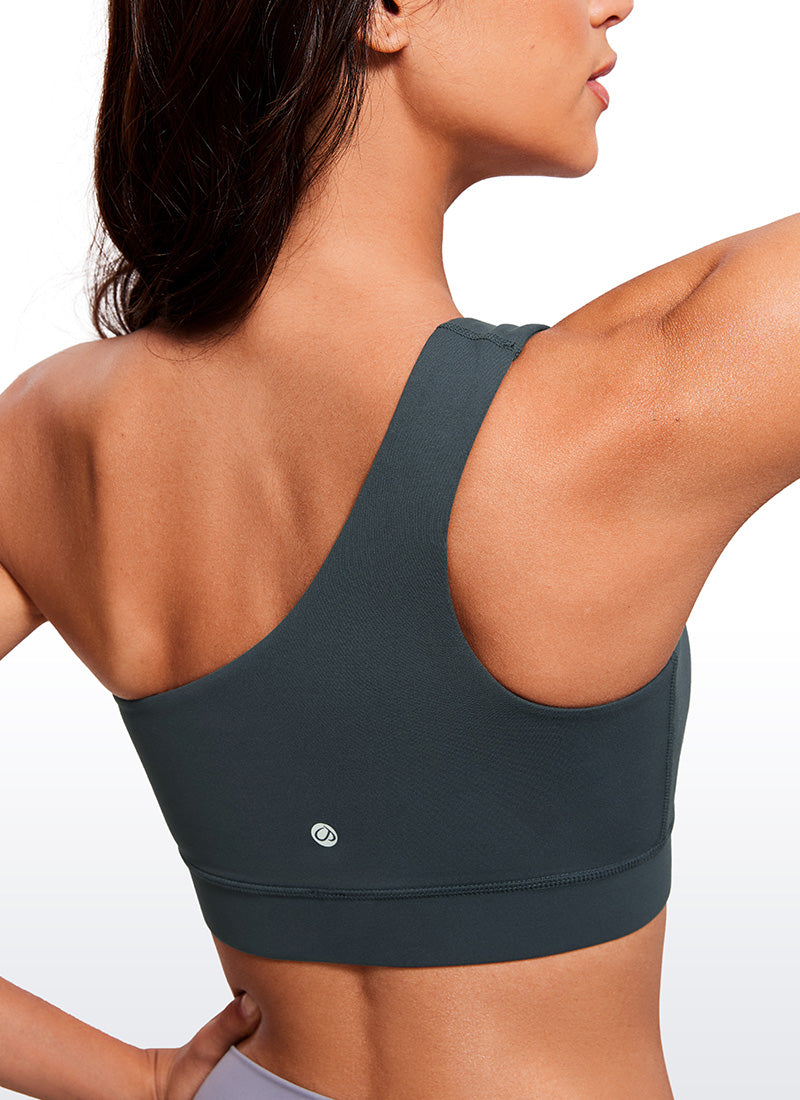 CRZ YOGA Butterluxe Womens One Shoulder Sports Bra Asymmetrical Padded Dark Green