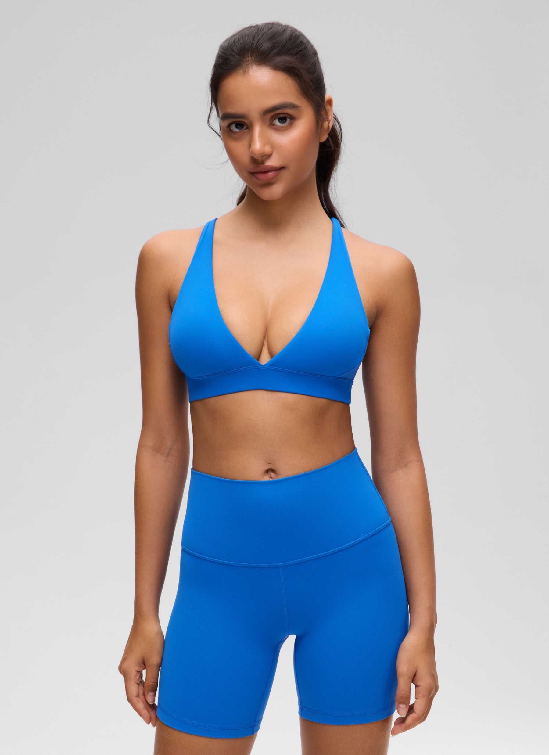 CRZ YOGA Women's Light Support Butterluxe Yoga Bra Strappy back V Neck Sparkle Blue