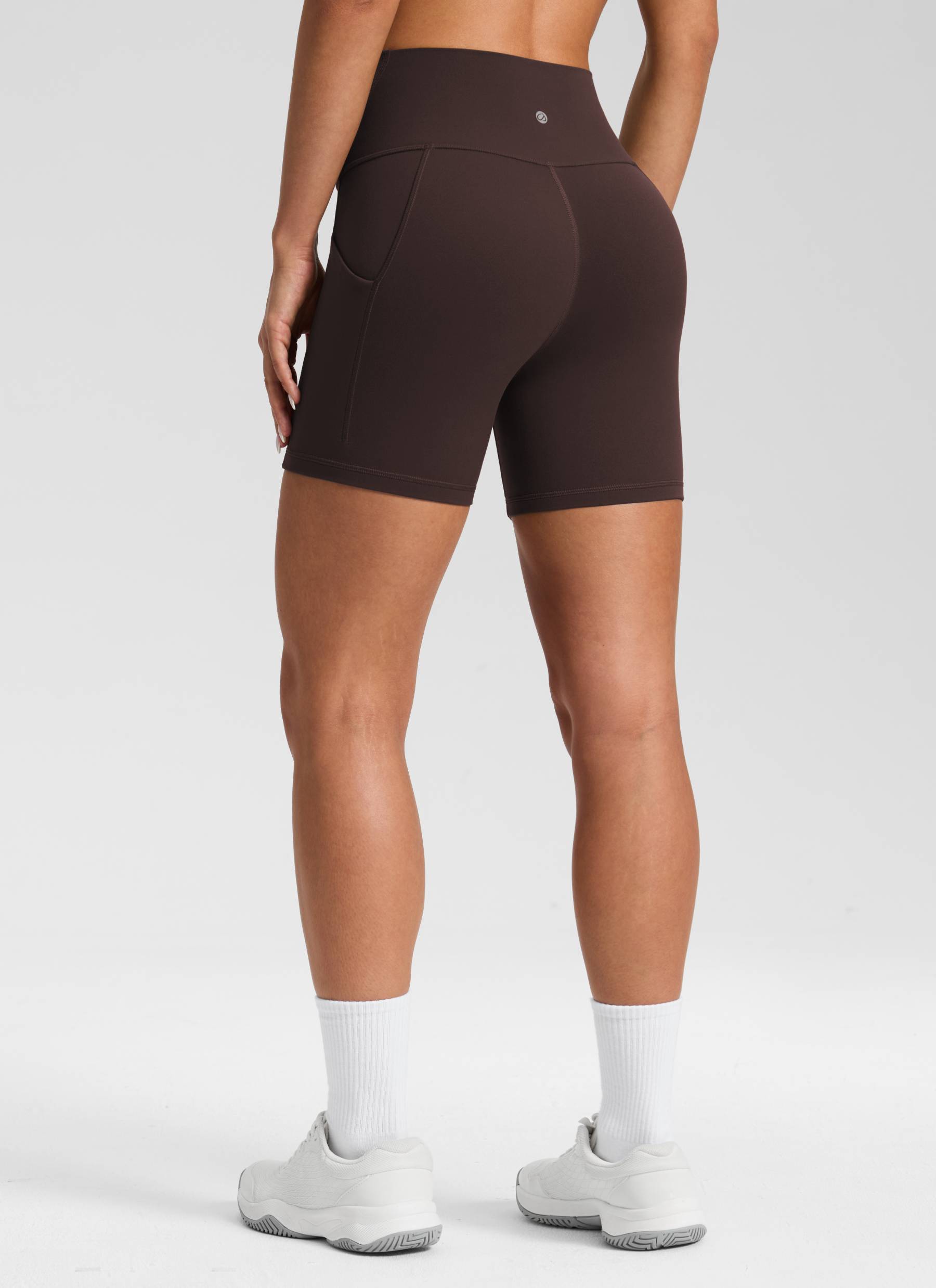 CRZ YOGA Women's Yoga High Rise Biker Butterluxe Pockets Shorts 5'' Hot Fudge Brown