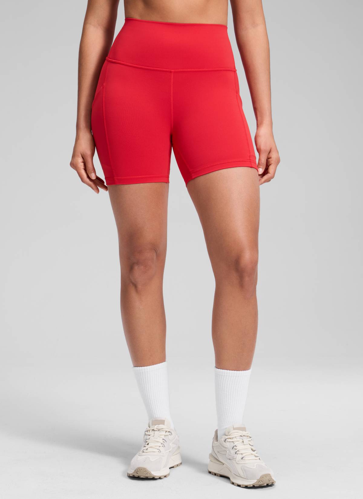 CRZ YOGA Women's Yoga High Rise Biker Butterluxe Pockets Shorts 5'' Aurora Red