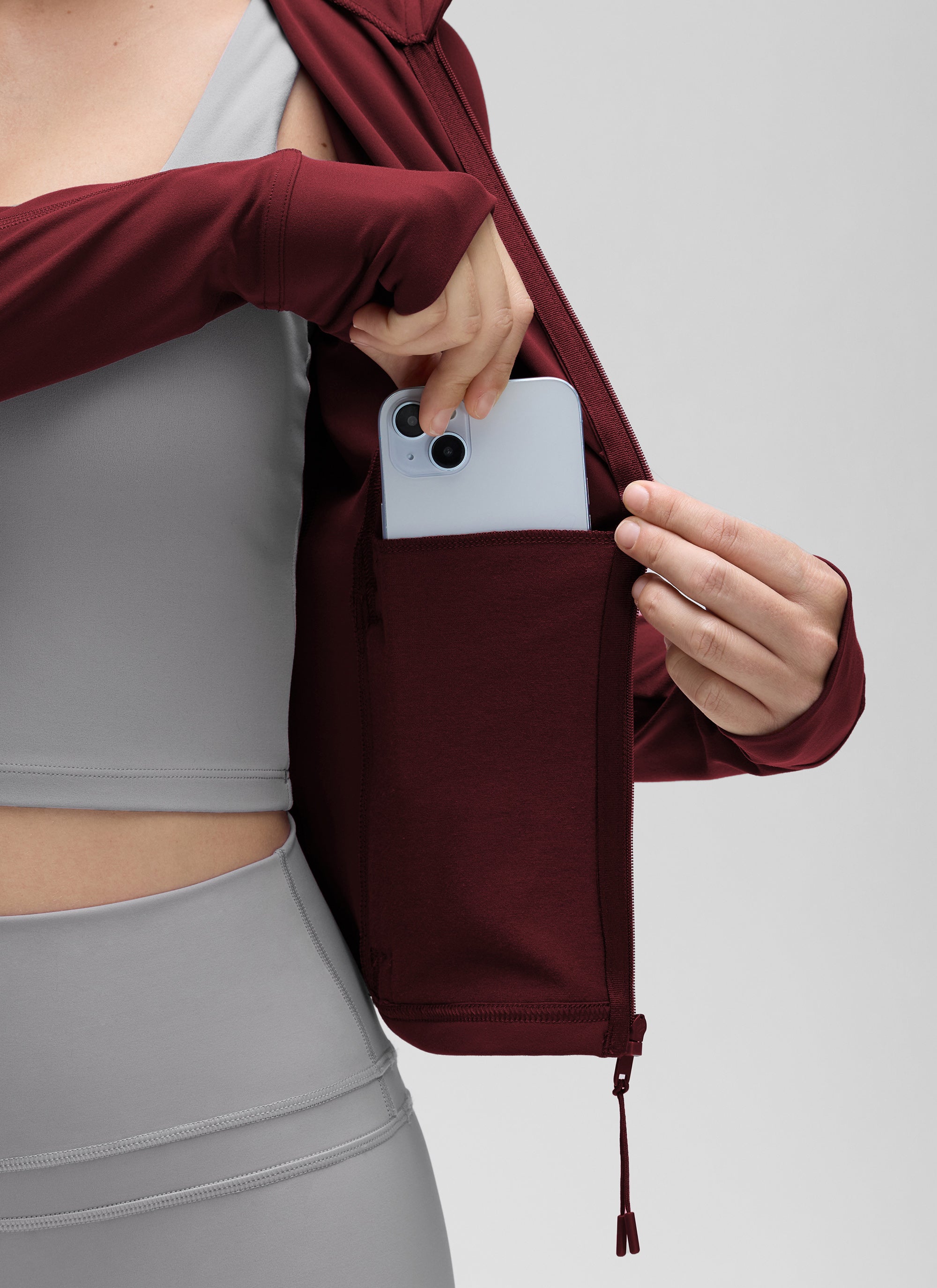 CRZ YOGA Women's Butterluxe Cropped Pocket Outerwear Full Zip Jackets Red Merlot