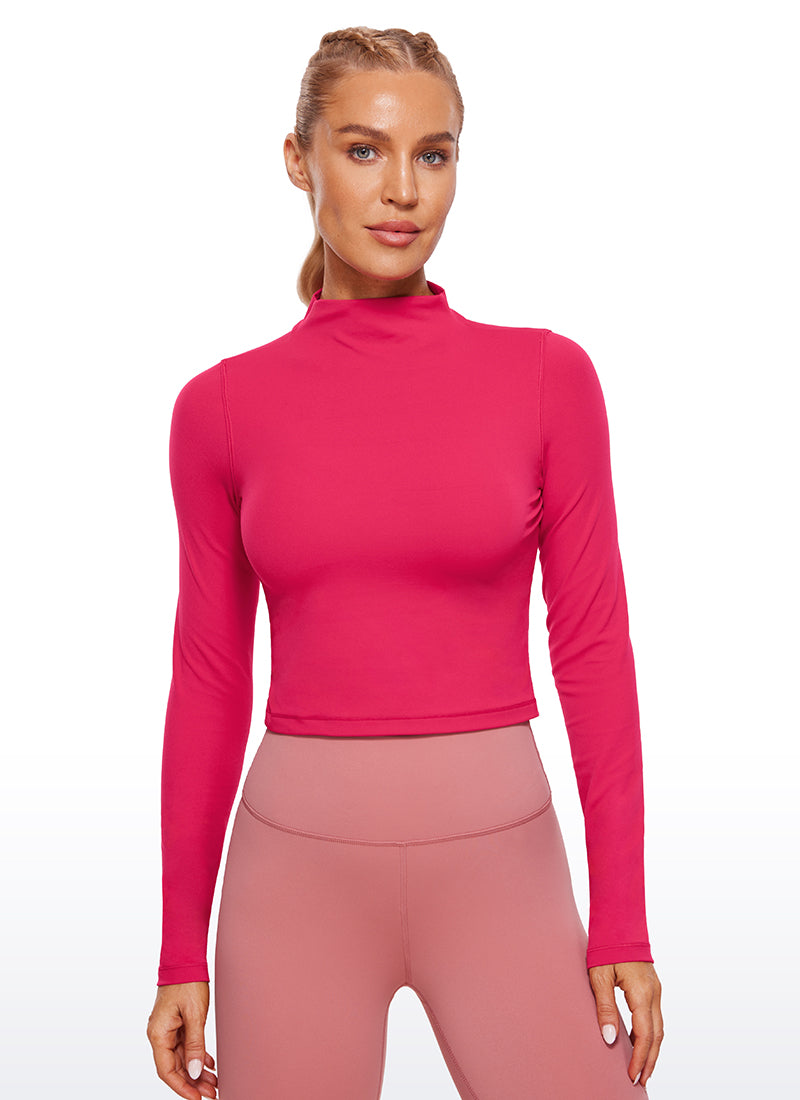 CRZ YOGA Women's Slim Fit Butterluxe Yoga Crop Long Sleeves Mock Turtleneck Viva Magenta